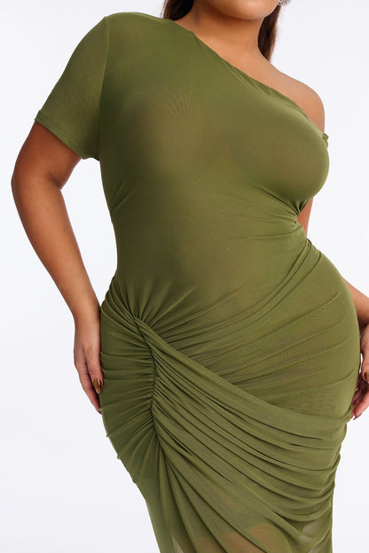 Skylar Asymmetrical Mesh Maxi Dress - Olive