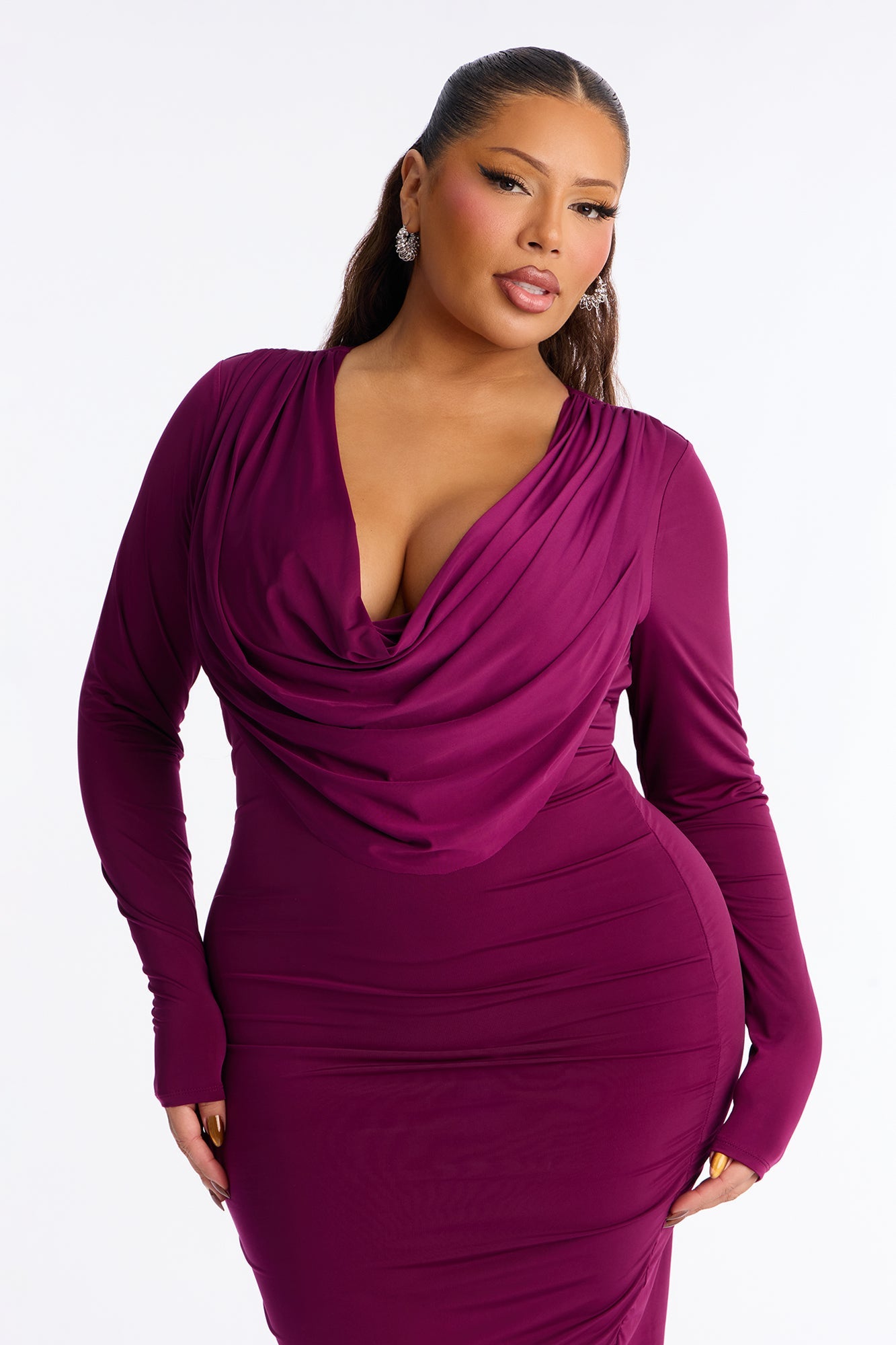 Heidi Cowl Neck Midi Dress - Wine