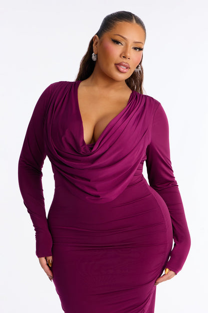 Heidi Cowl Neck Midi Dress - Wine
