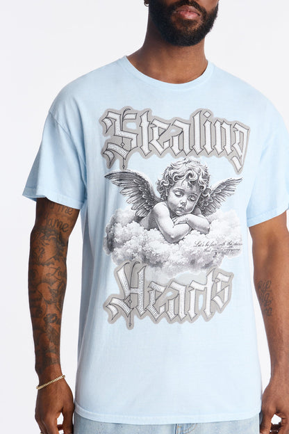 Stealing Hearts Rhinestone Short Sleeve Tee - Light Blue