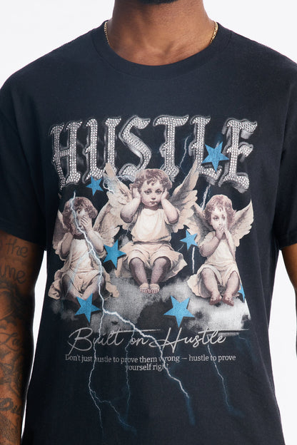 Boxy Hustle Mindset Rhinestone Short Sleeve Tee - Black