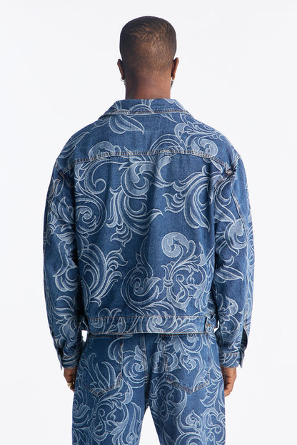 Relaxed Cropped Baroque Jacquard Denim Jacket - Medium Blue Wash