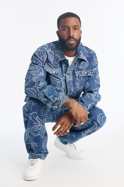 Relaxed Cropped Baroque Jacquard Denim Jacket - Medium Blue Wash