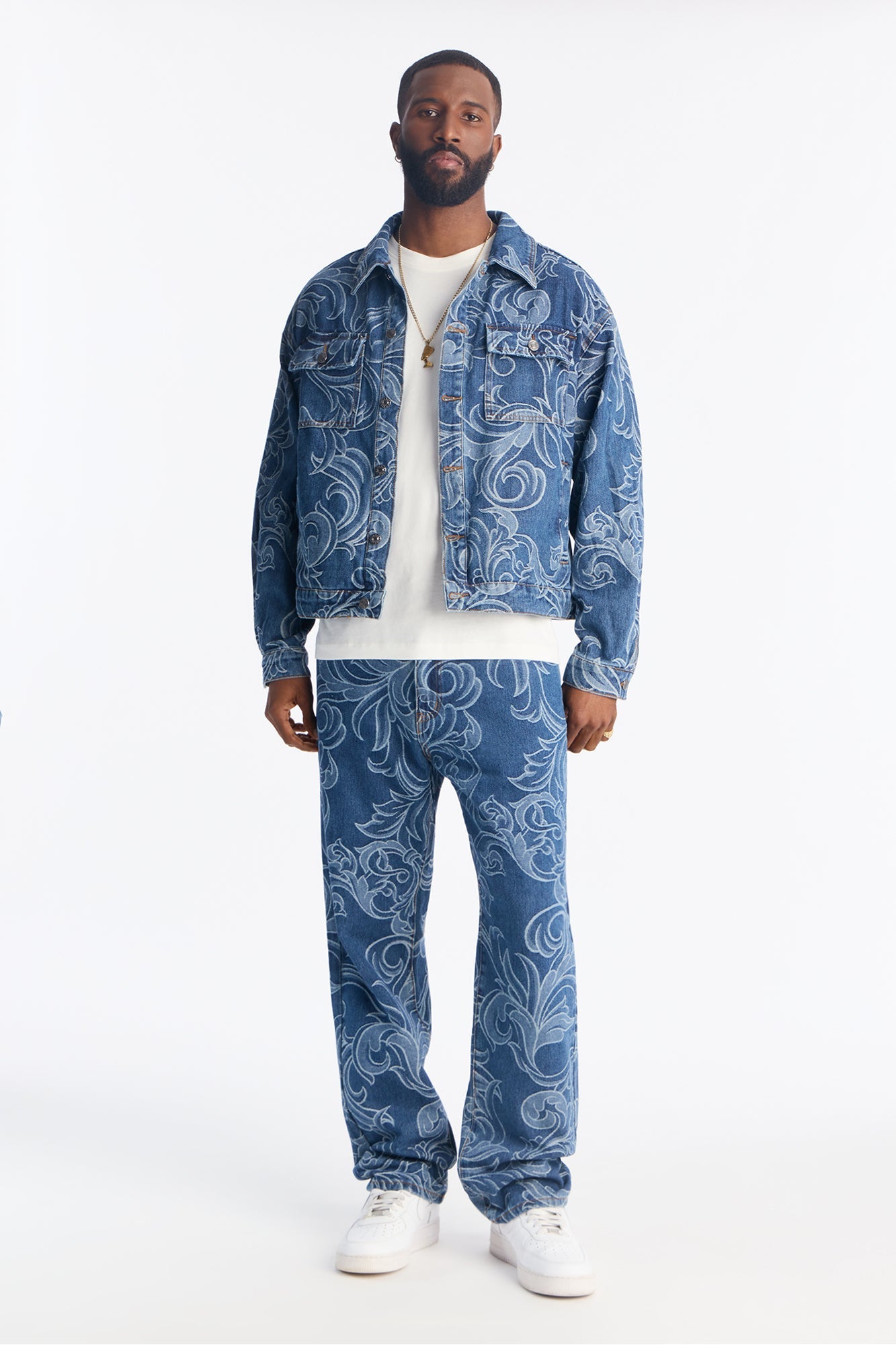 Straight Baroque Jacquard Jean - Medium Blue Wash
