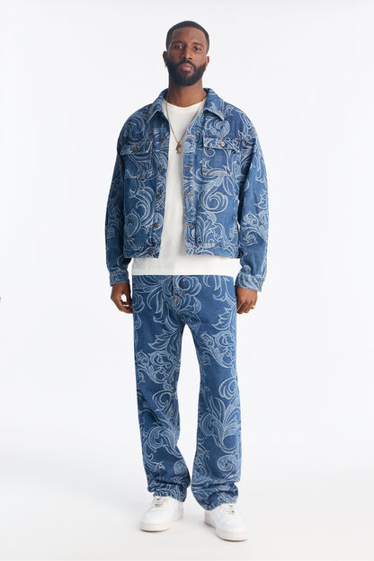 Straight Baroque Jacquard Jean - Medium Blue Wash