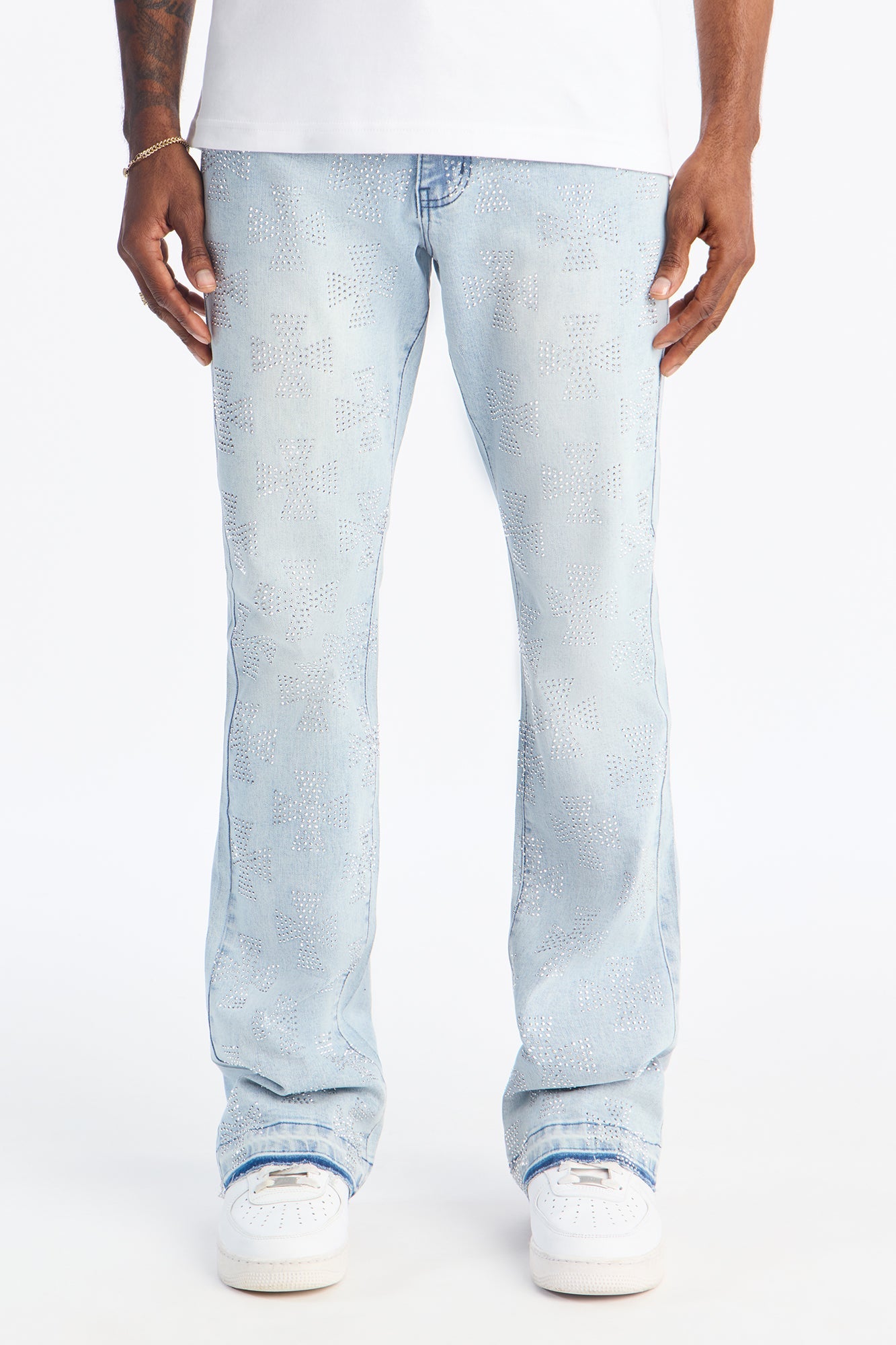 Stacked Skinny Flare Crosses Upon Crosses Jeweled Jean - Light Wash