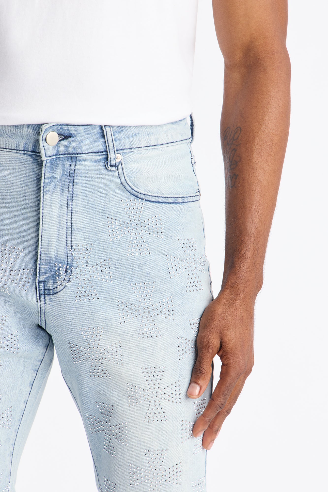 Stacked Skinny Flare Crosses Upon Crosses Jeweled Jean - Light Wash