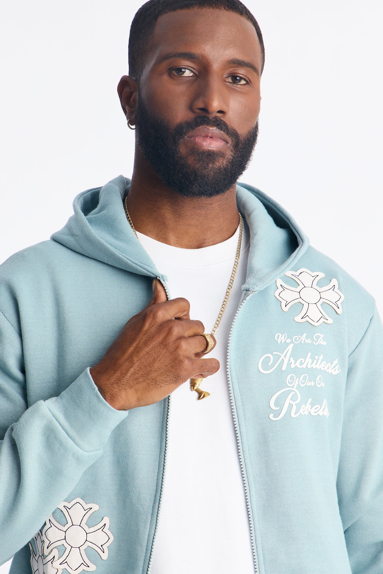 Rebellion Cross Applique Zip Up Hoodie - Light Blue