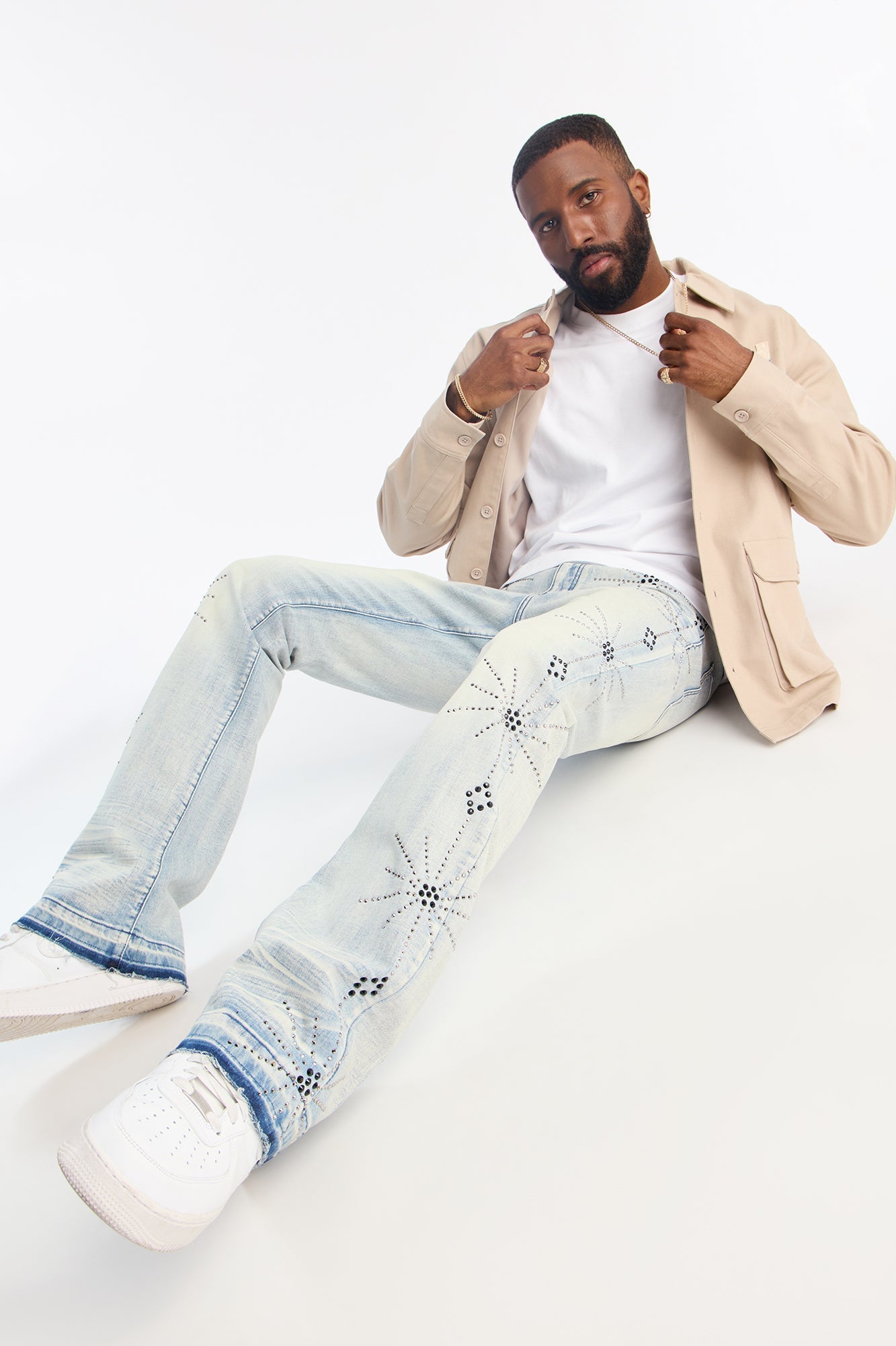 Stacked Skinny Flare Starburst Shine Jeweled Jean - Light Wash