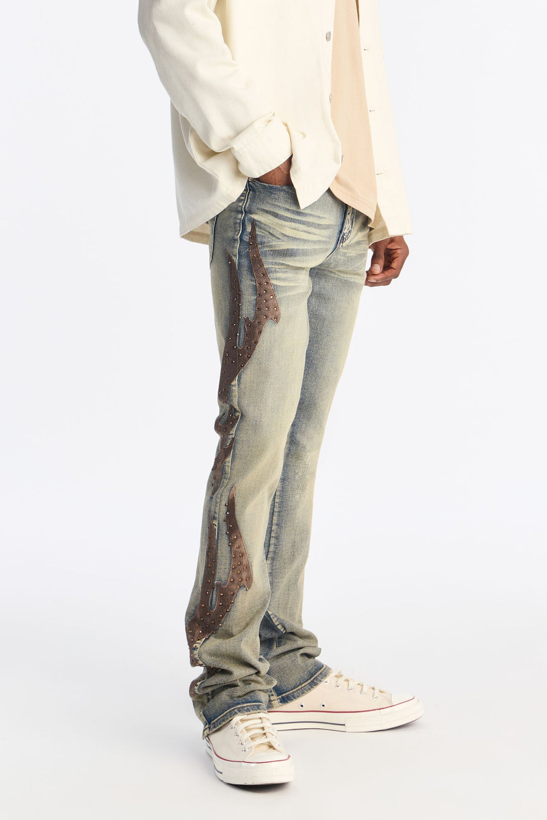Flame It Up Stacked Slim Flare Distressed Jean - Light Wash