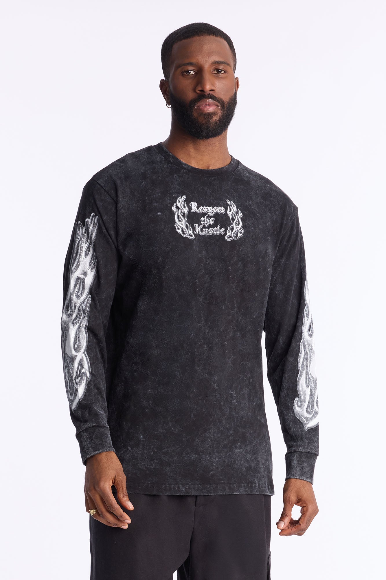 Respect The Hustle Long Sleeve Tee - Black Wash