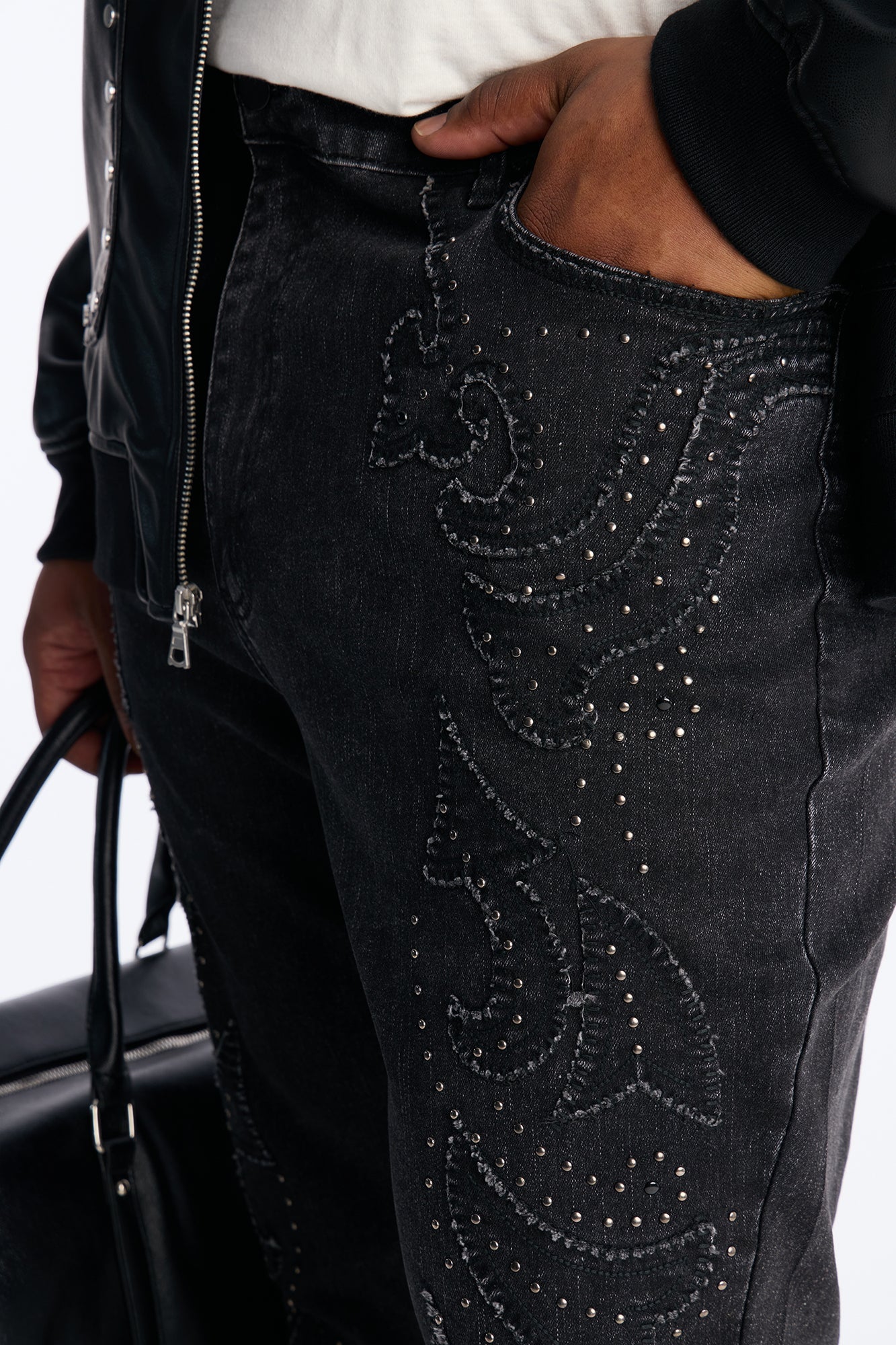 Stacked Skinny Flare Paisley Patch Jeweled Jean - Grey