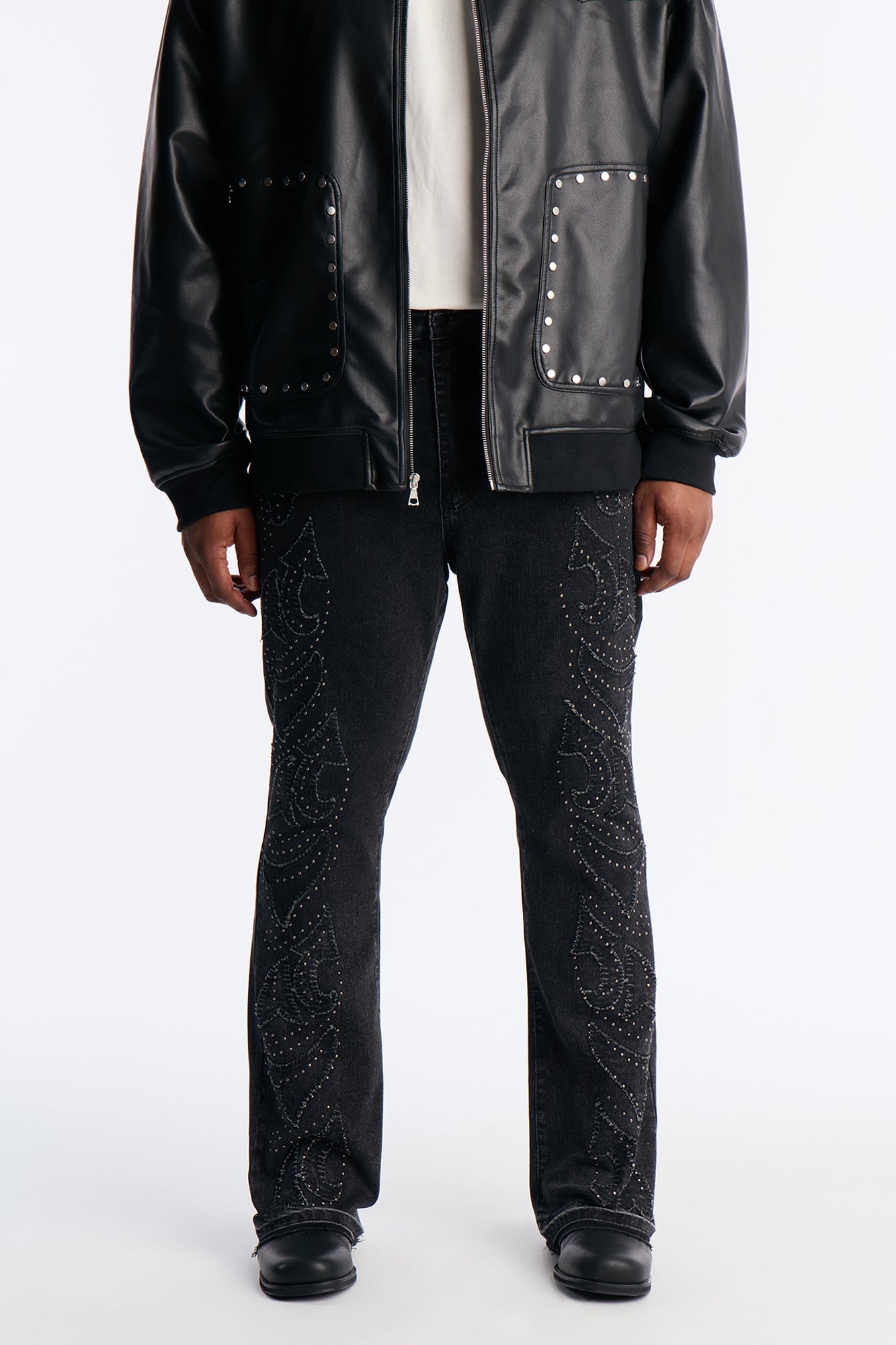 Stacked Skinny Flare Paisley Patch Jeweled Jean - Grey