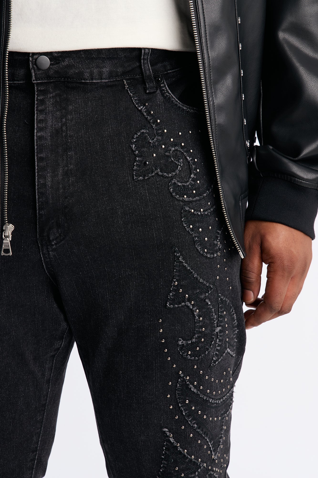 Stacked Skinny Flare Paisley Patch Jeweled Jean - Grey