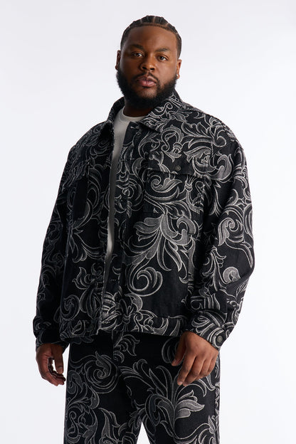 Relaxed Cropped Baroque Jacquard Denim Jacket - Black Wash