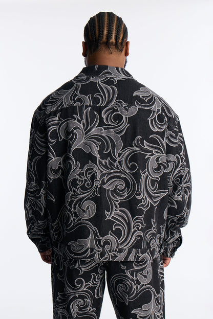 Relaxed Cropped Baroque Jacquard Denim Jacket - Black Wash