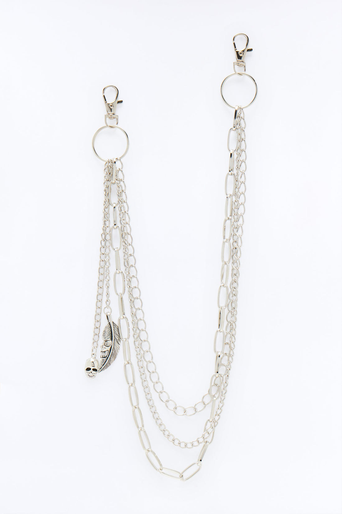 Skull Feather Multi Link Stacked Pant Chain - Silver