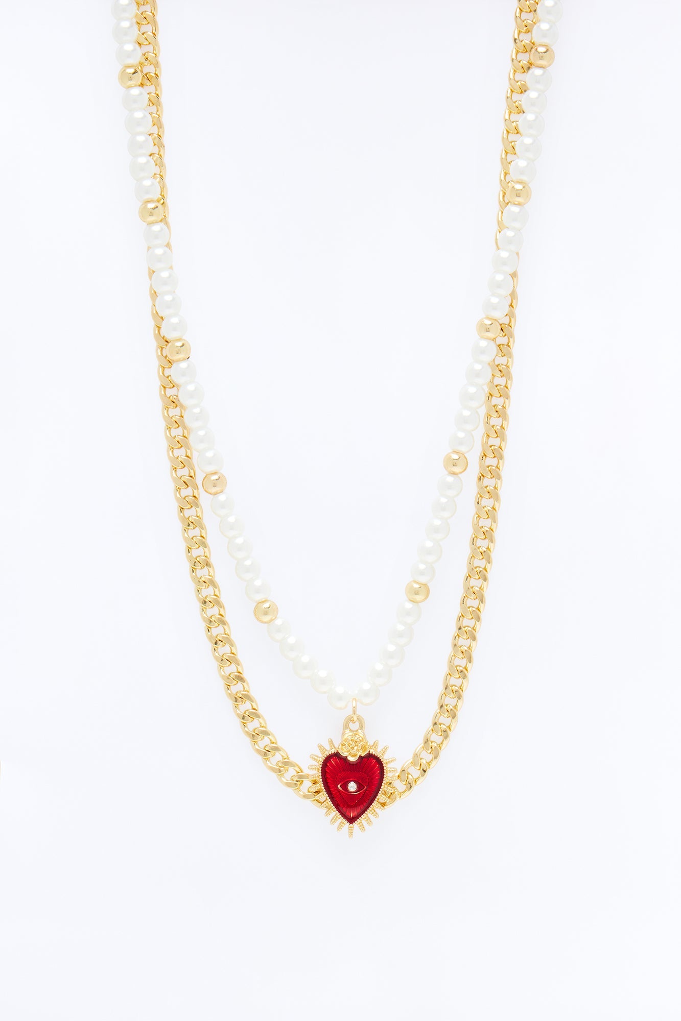 Sacred Heart Pearl And Cuban Necklace Set - Gold