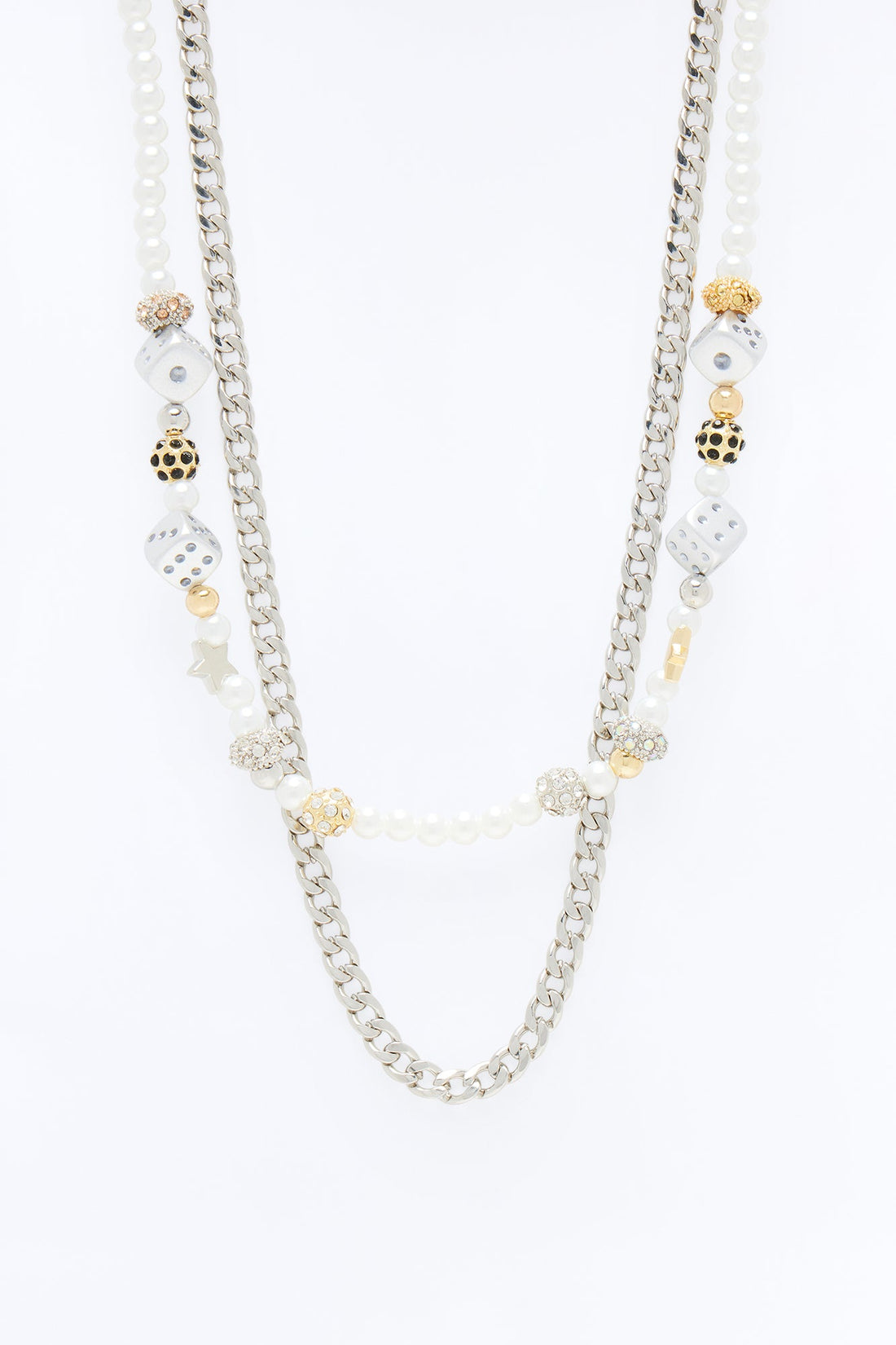 Solid Star Pearl Charm And Cuban Necklace Set - Silver
