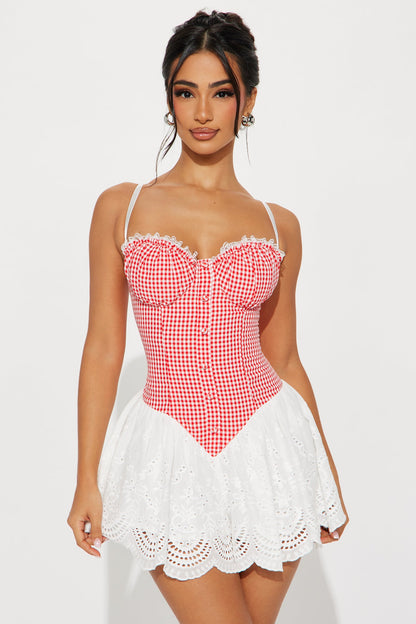 Halie Gingham Lace Romper - Red/combo