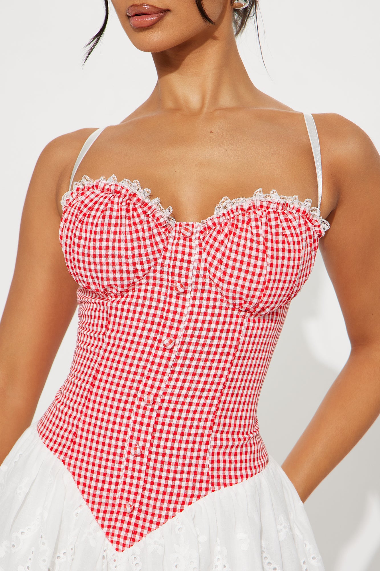 Halie Gingham Lace Romper - Red/combo