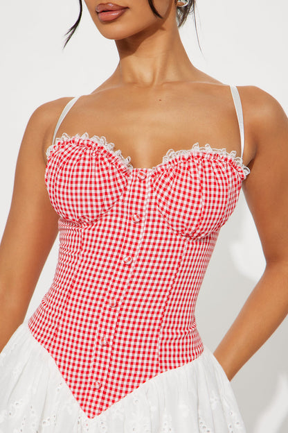 Halie Gingham Lace Romper - Red/combo