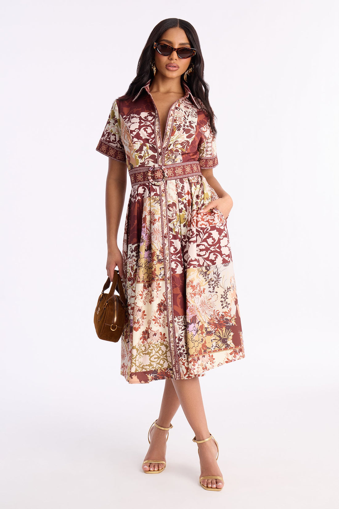Freya Belted Midi Dress - Burgundy/combo