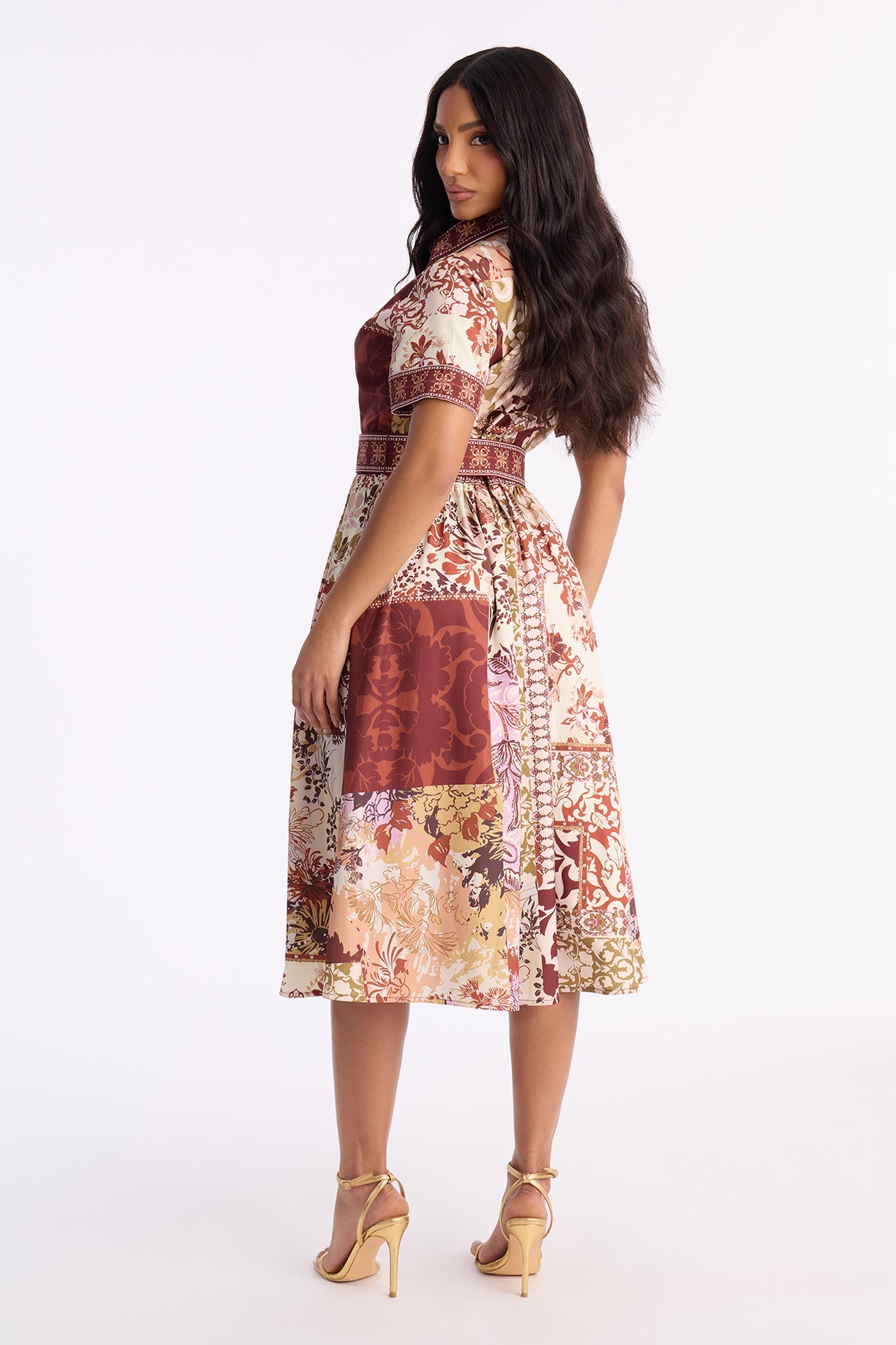 Freya Belted Midi Dress - Burgundy/combo