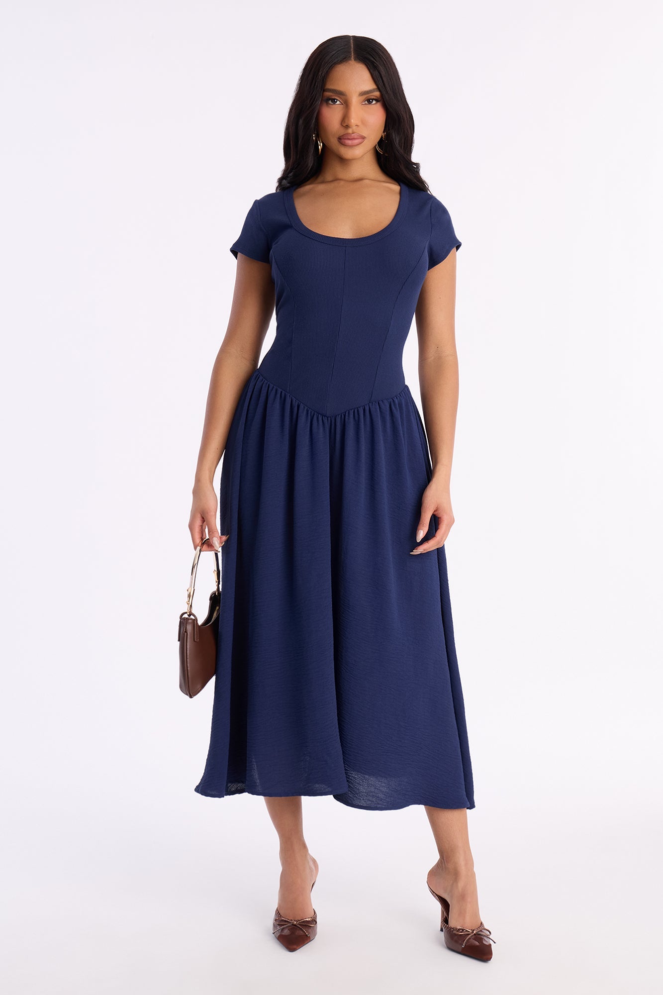 Rosalie Short Sleeve Ribbed Midi Dress - Navy