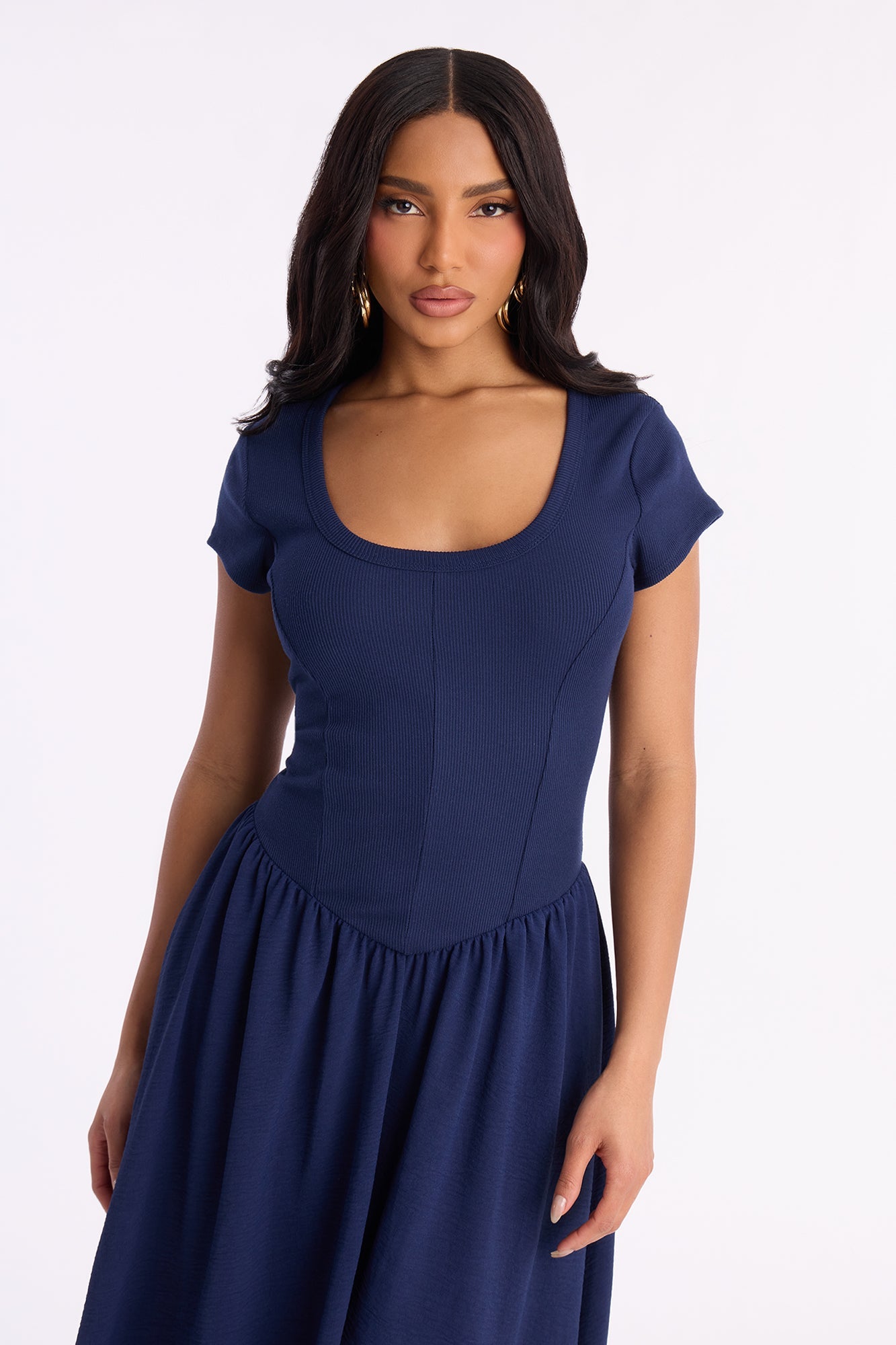 Rosalie Short Sleeve Ribbed Midi Dress - Navy