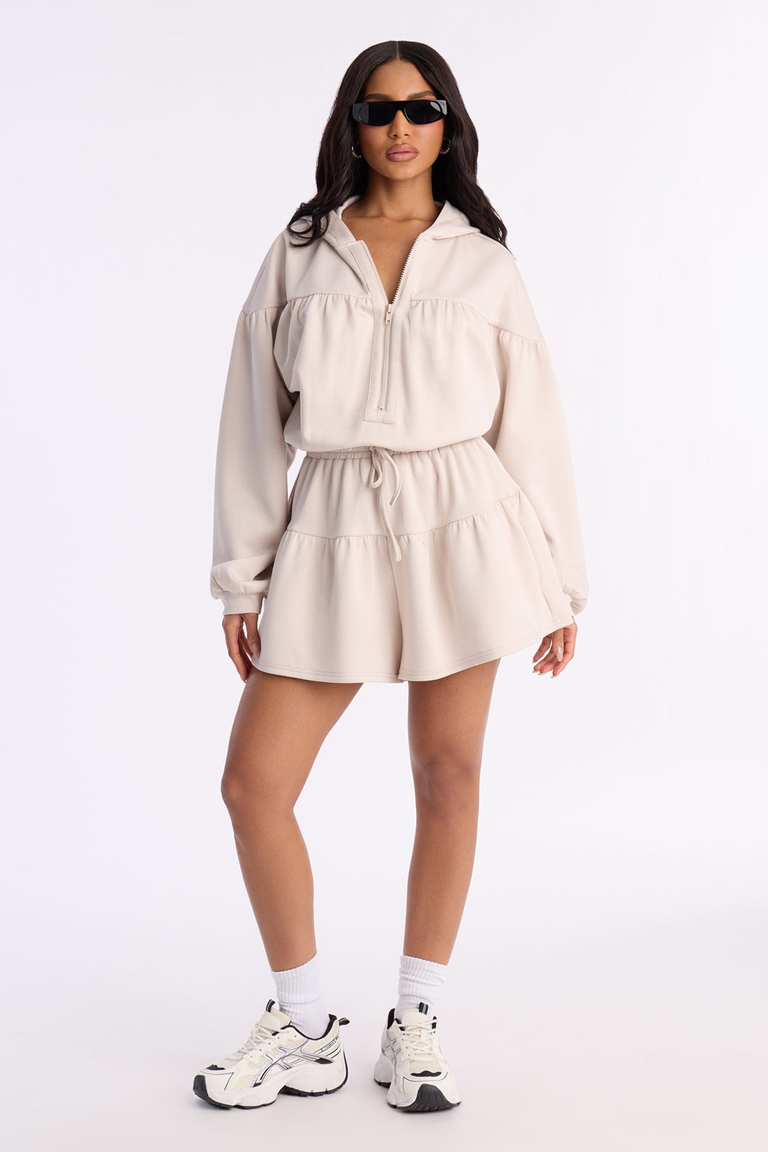 Ruffle And Rally Hooded Romper - Stone