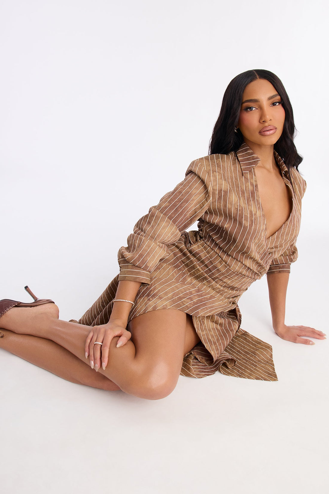Adeline Pinstripe Tie Dye Midi Dress - Brown