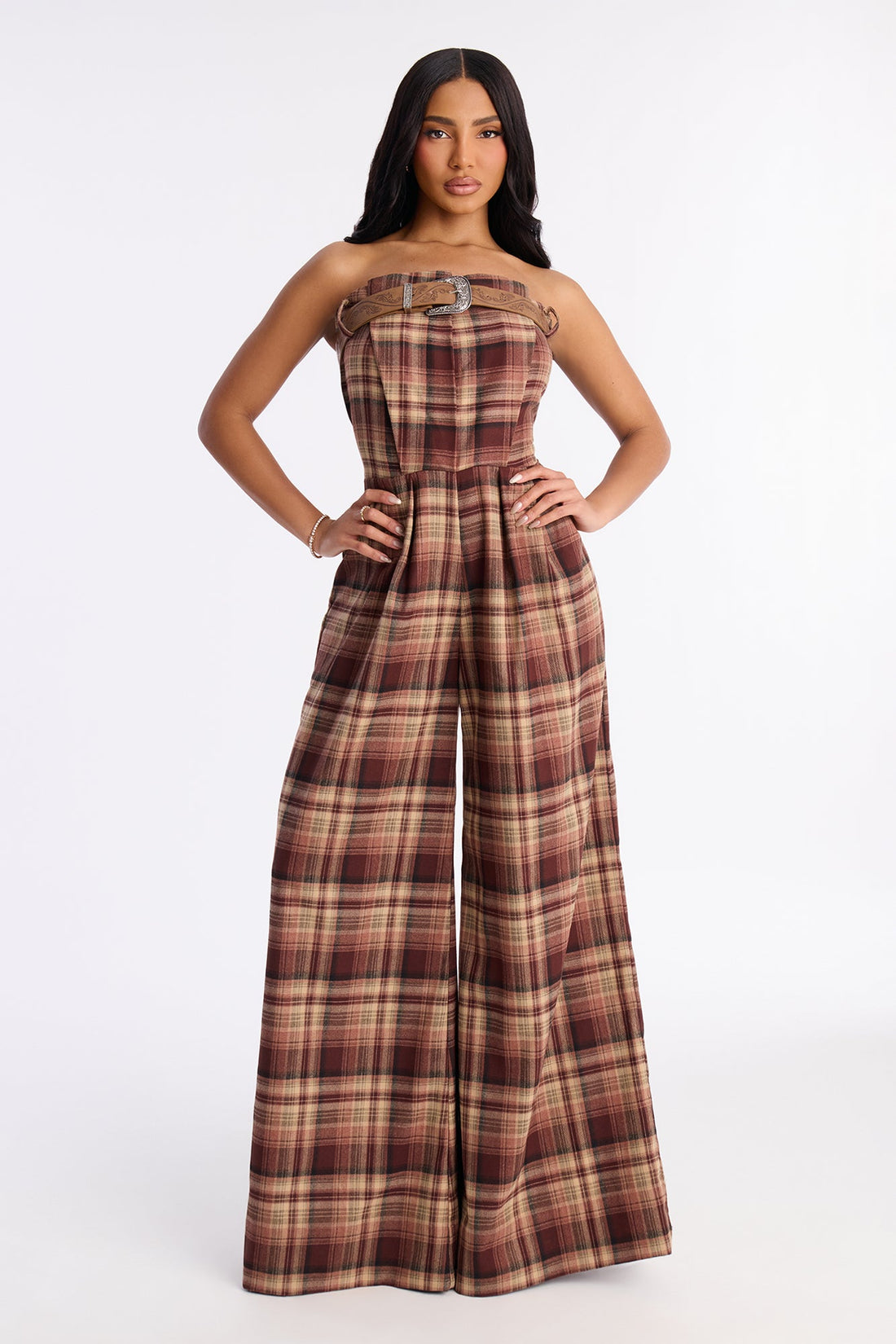 Harvest Chic Plaid Wide Leg Jumpsuit - Brown