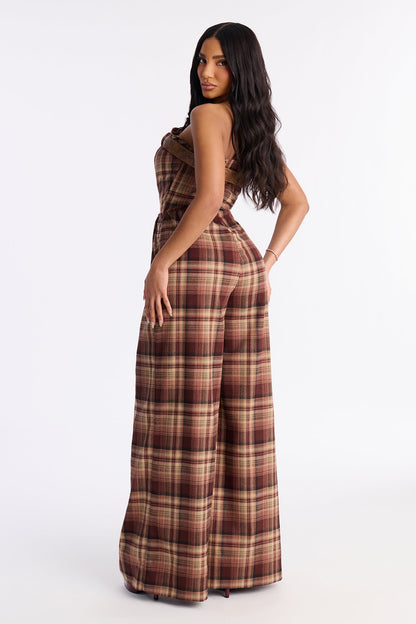 Harvest Chic Plaid Wide Leg Jumpsuit - Brown