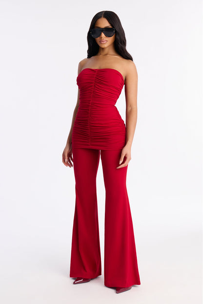 Adalina Ruched Flare Leg Pant Set - Red