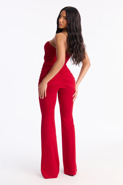 Adalina Ruched Flare Leg Pant Set - Red