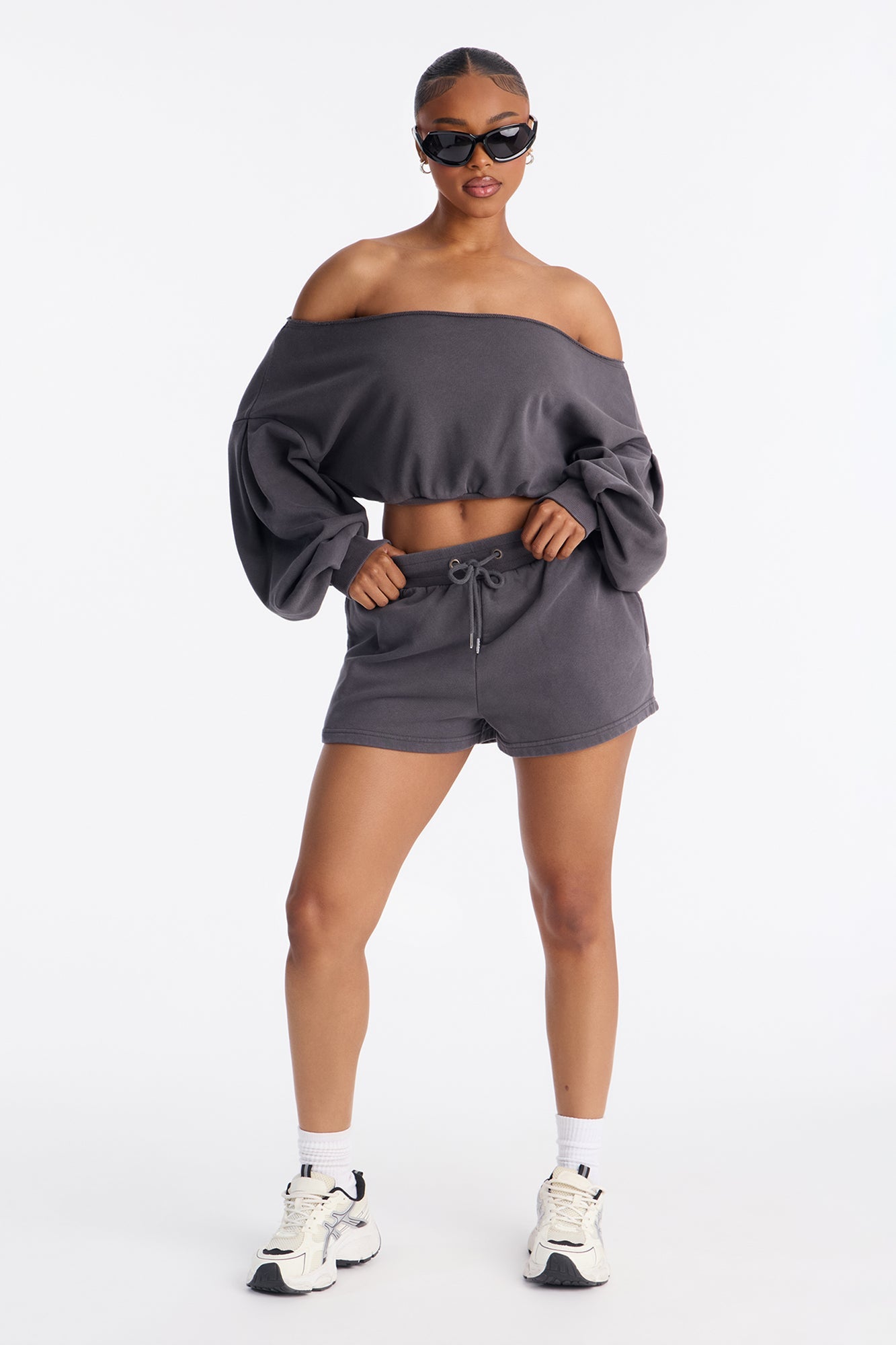 Come Find Me Washed Fleece Mix Short Set - Charcoal