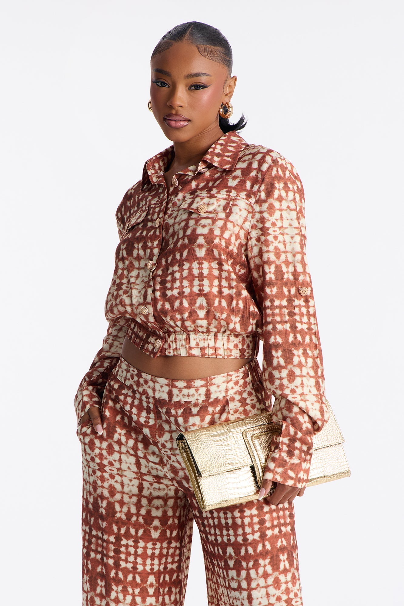 Feel A Breeze Long Sleeve Wide Leg Pant Set - Rust/combo
