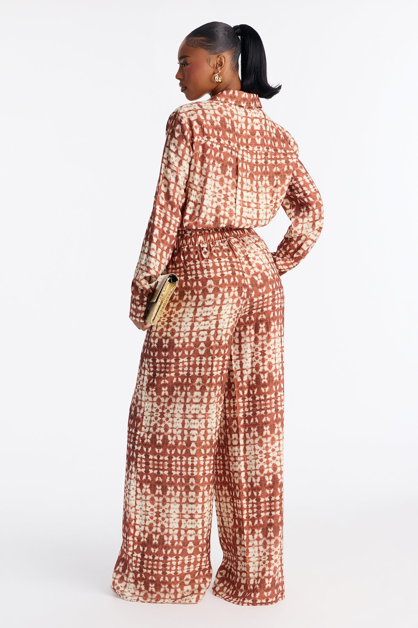 Feel A Breeze Long Sleeve Wide Leg Pant Set - Rust/combo