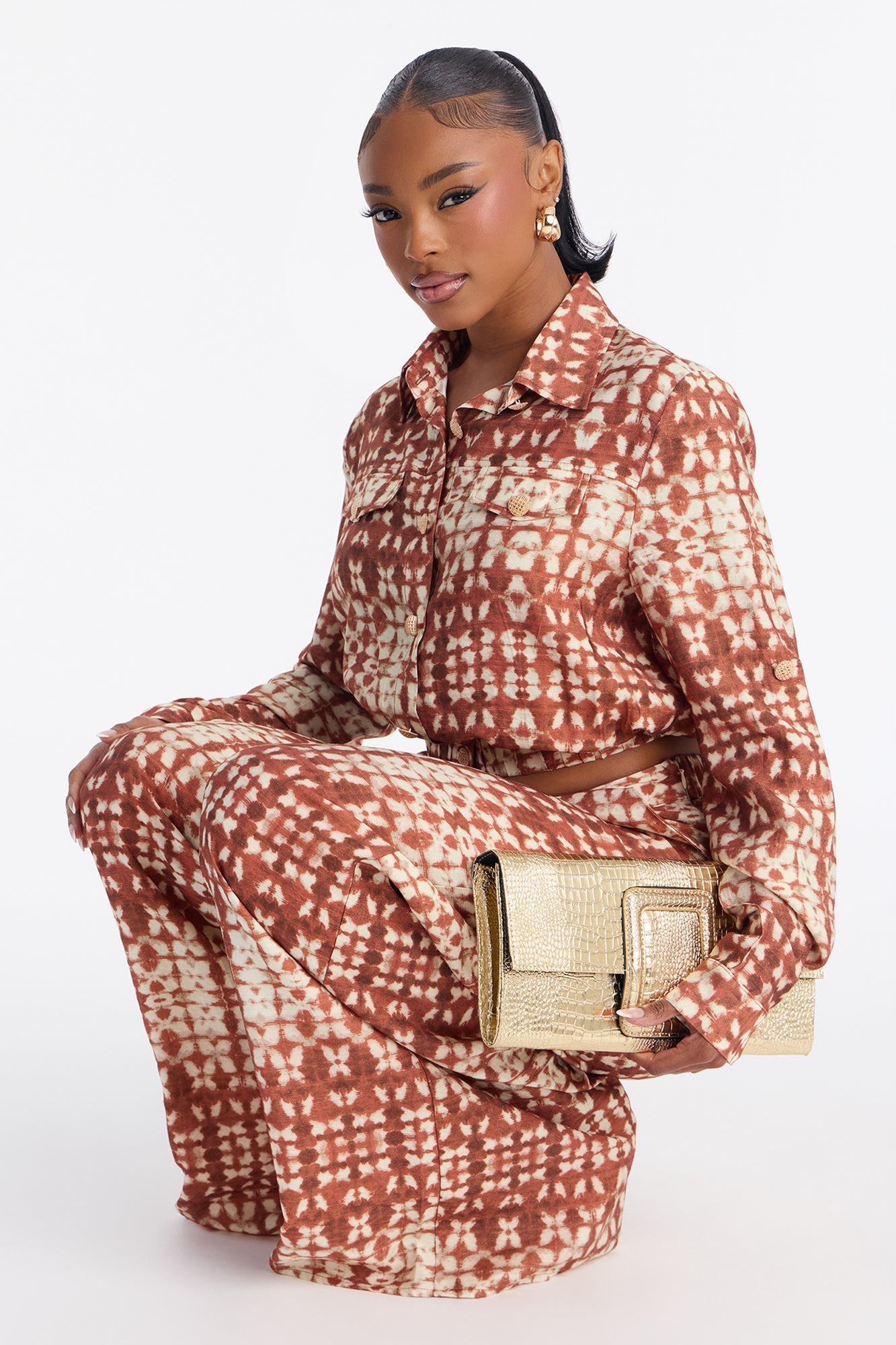 Feel A Breeze Long Sleeve Wide Leg Pant Set - Rust/combo
