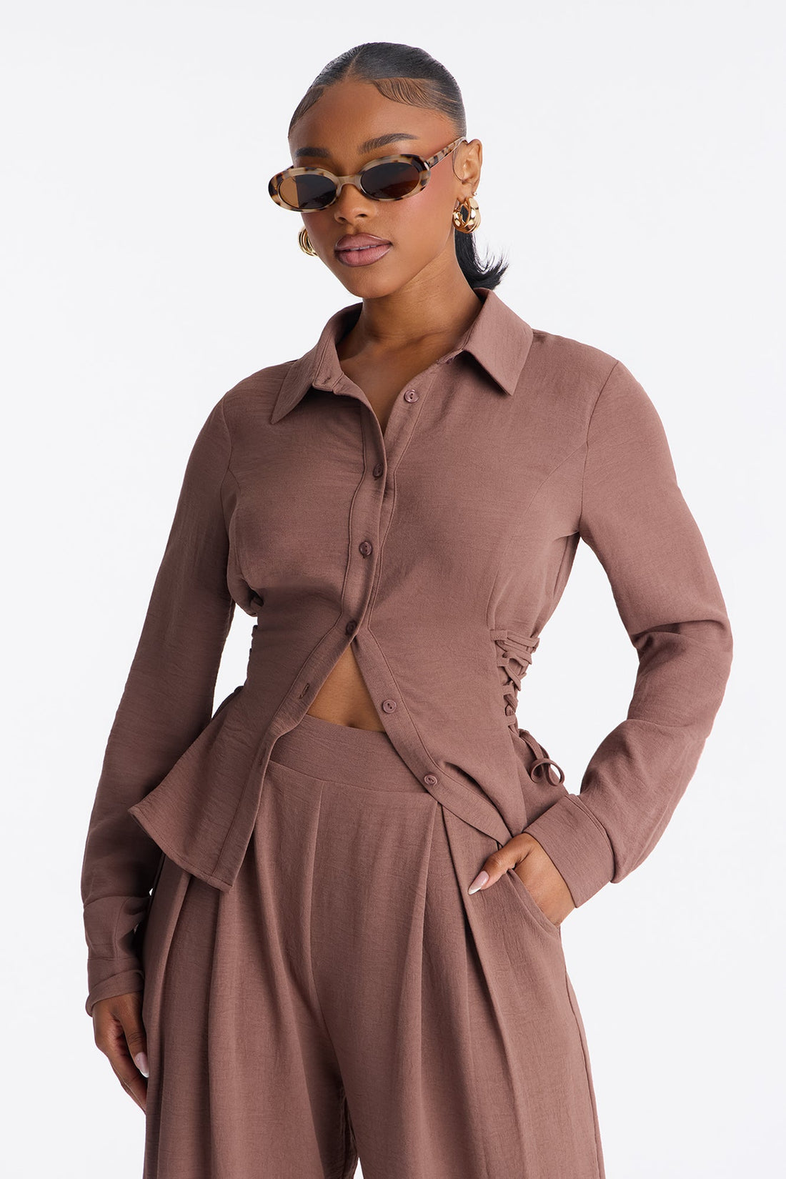Lonnie Lace Up Sides Wide Leg Pant Set - Brown