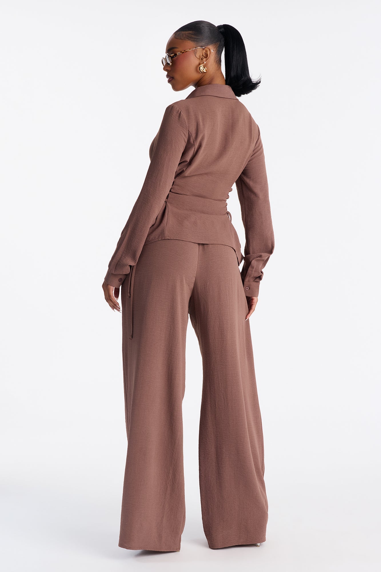 Lonnie Lace Up Sides Wide Leg Pant Set - Brown