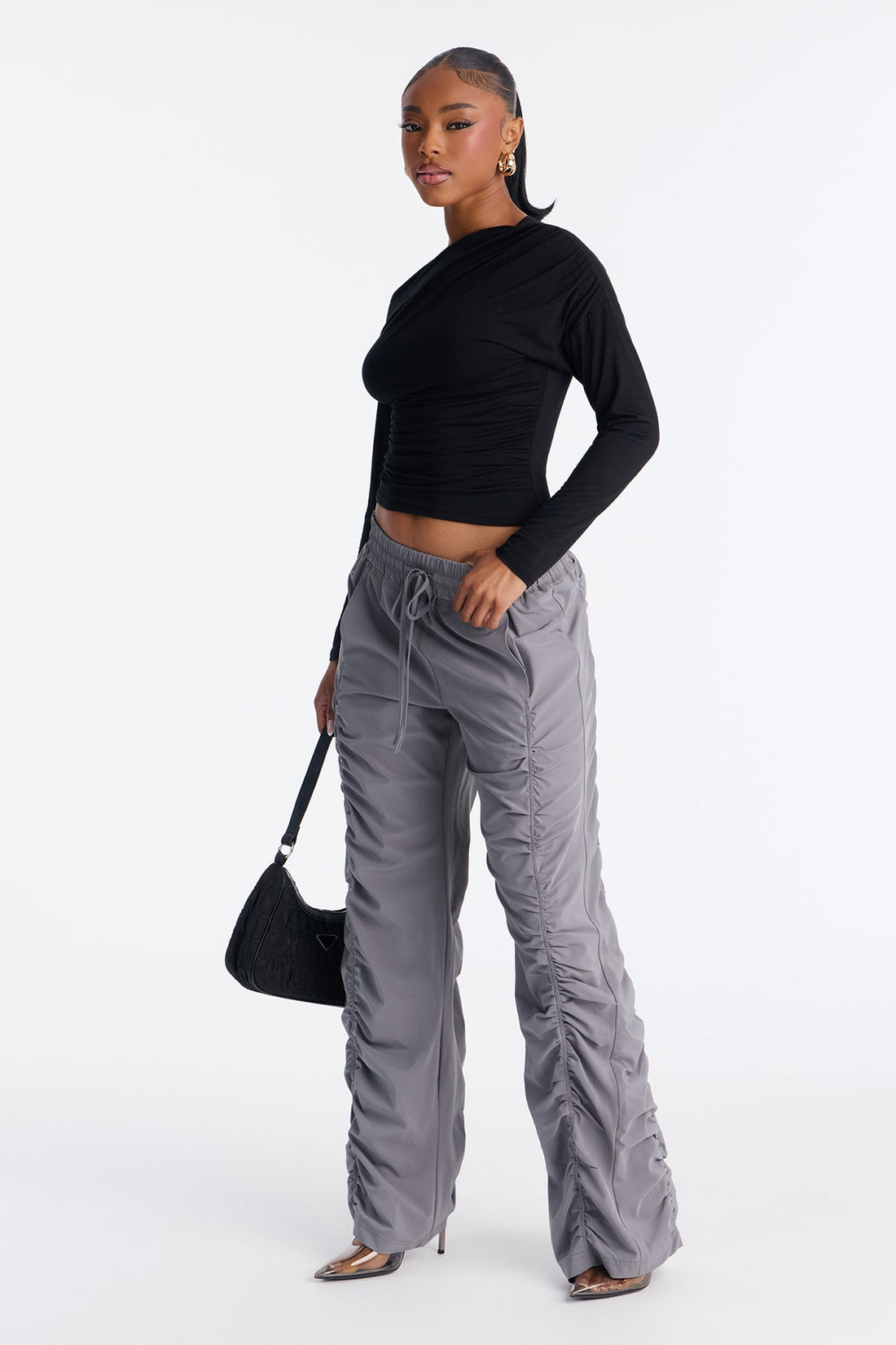 Maddie Ruched Windbreaker Wide Leg Pant - Charcoal