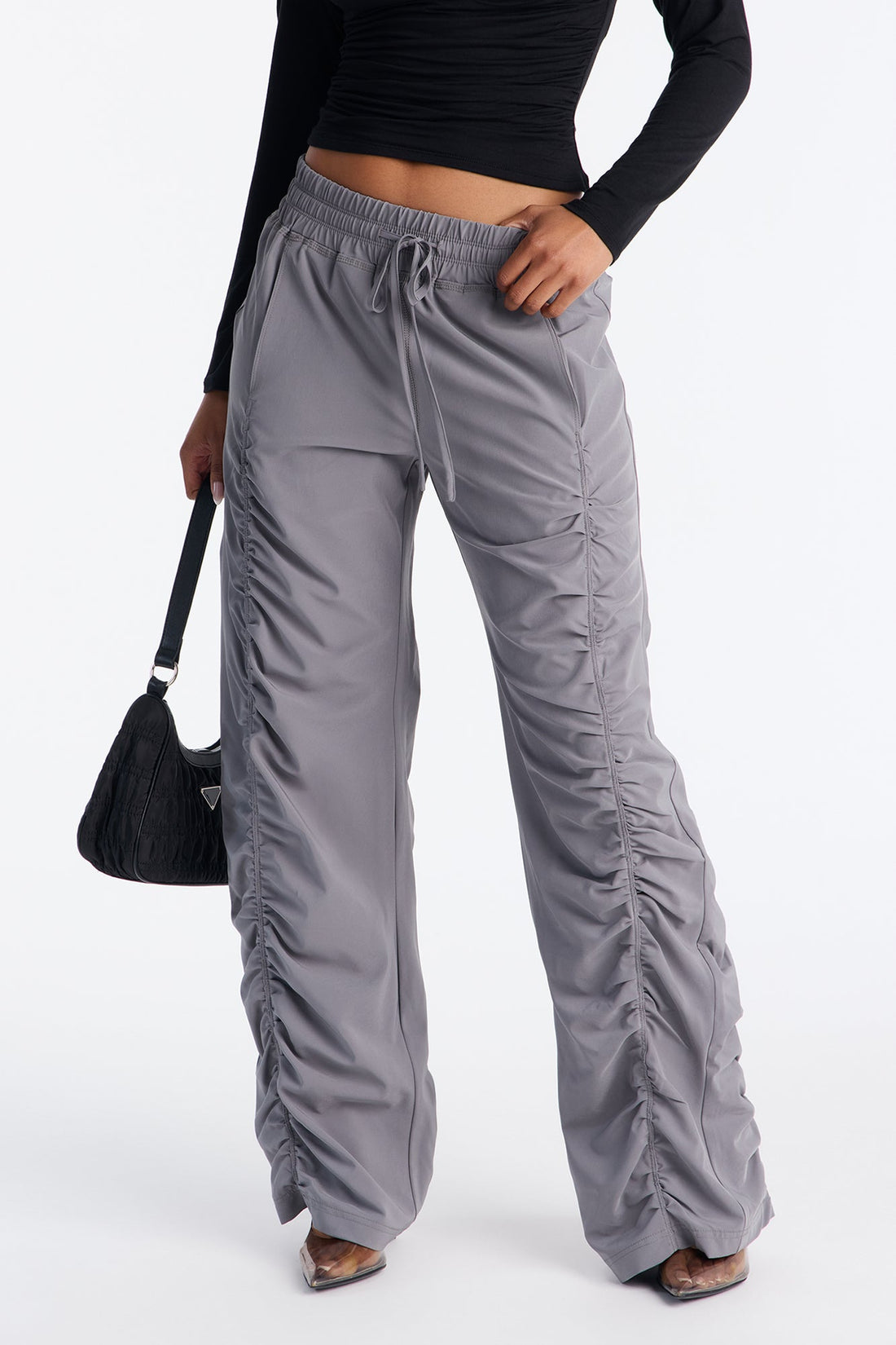 Maddie Ruched Windbreaker Wide Leg Pant - Charcoal