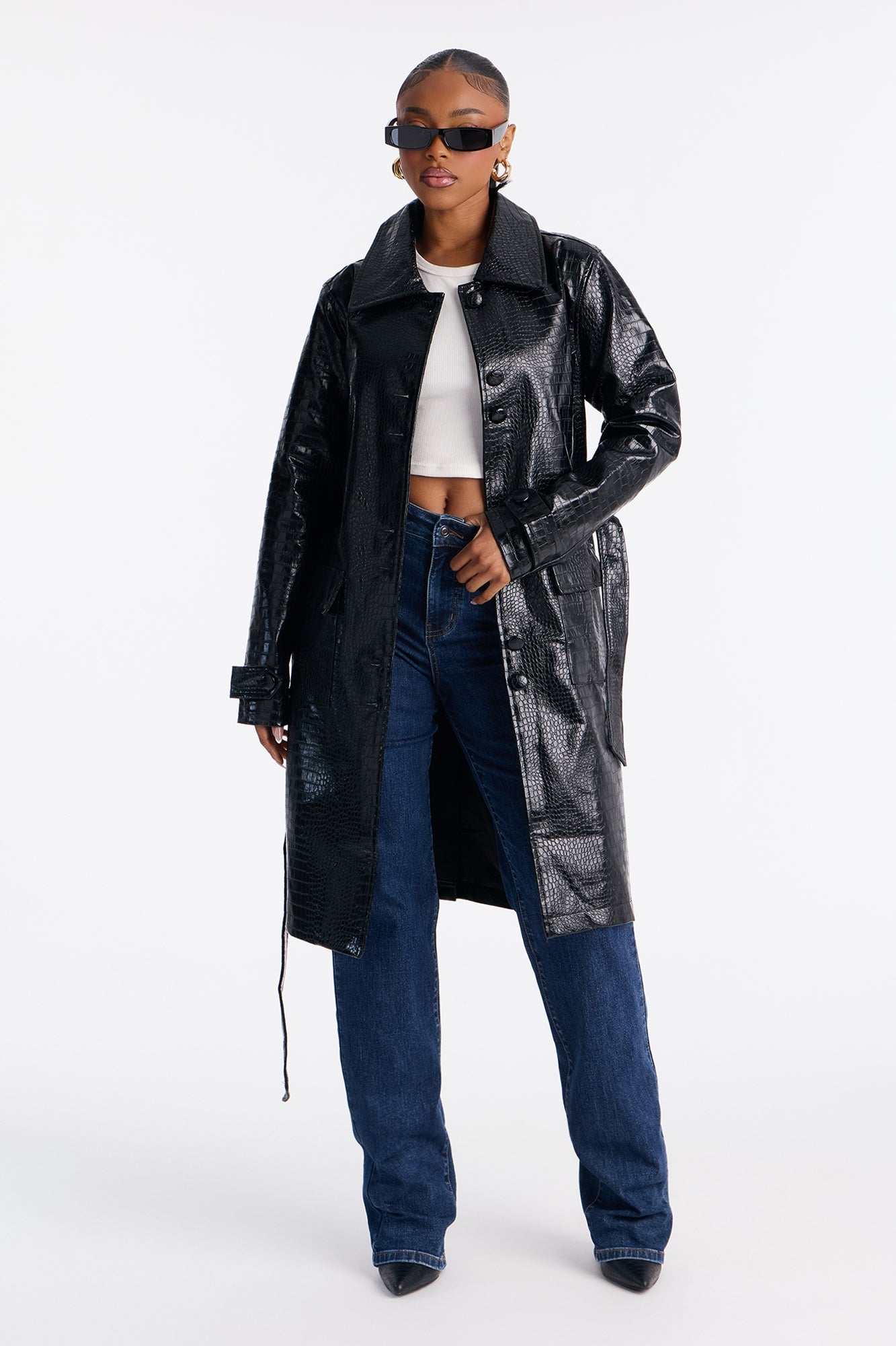 Amara Embossed Croc Faux Leather Trench Coat - Black