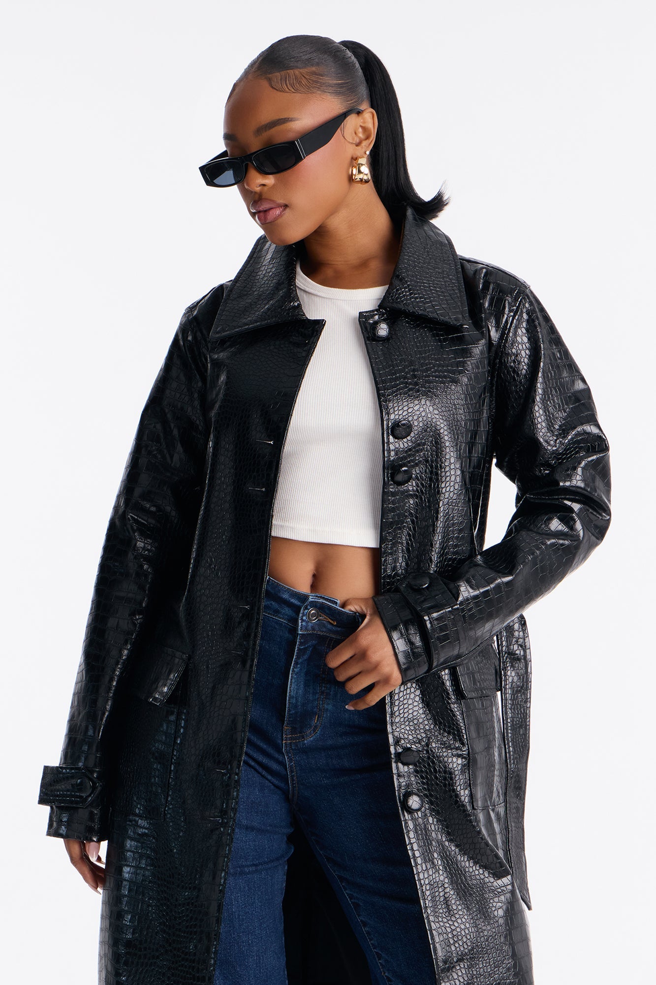 Amara Embossed Croc Faux Leather Trench Coat - Black