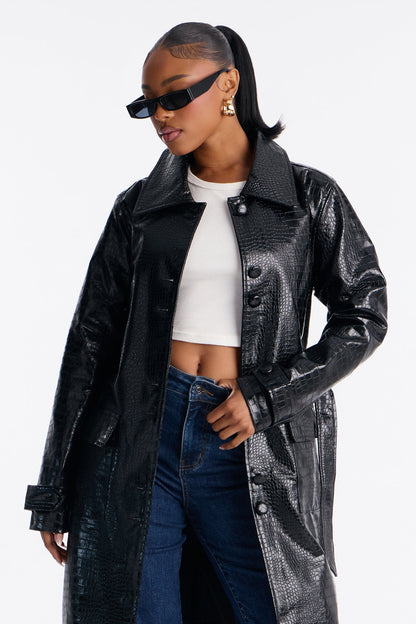 Amara Embossed Croc Faux Leather Trench Coat - Black