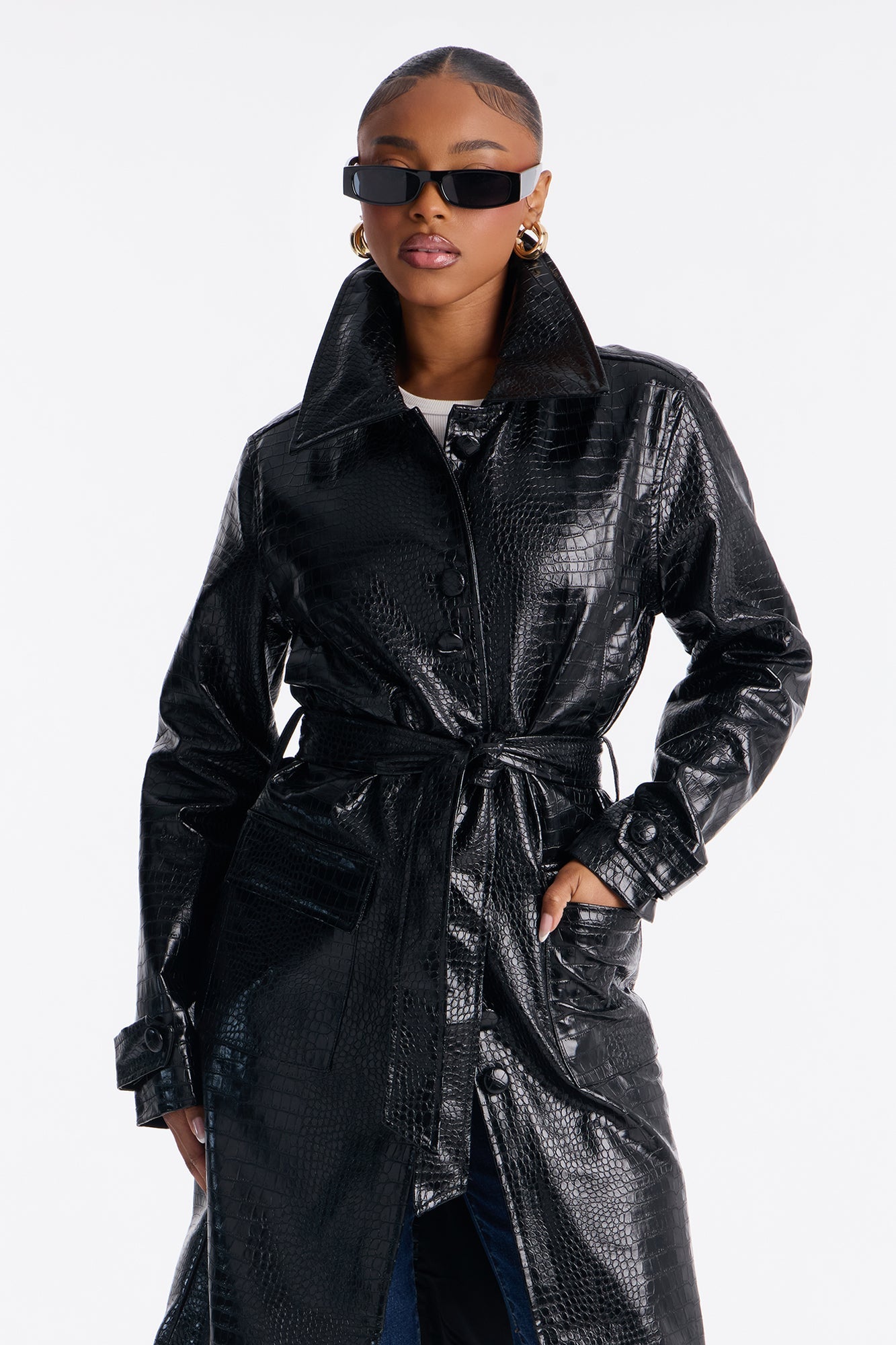 Amara Embossed Croc Faux Leather Trench Coat - Black