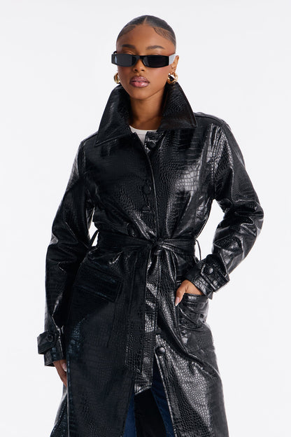 Amara Embossed Croc Faux Leather Trench Coat - Black