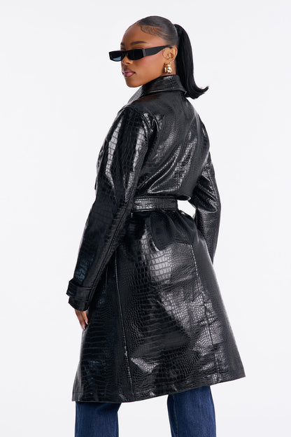 Amara Embossed Croc Faux Leather Trench Coat - Black
